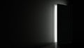 Light shines from door opening in dark room. Close. Fills the space with bright white light. 3D render Royalty Free Stock Photo