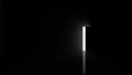 Light shines from door opening in dark room. Close. Fills the space with bright white light. 3D render Royalty Free Stock Photo