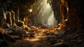 A light shining through a cave. Generative AI. Royalty Free Stock Photo