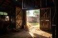 light shining through the open barn doors, illuminating a beautiful rustic scene