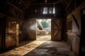 light shining through the open barn doors, illuminating a beautiful rustic scene