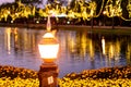 Light shots of lamps beside the pond at night