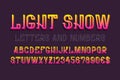 Light show letters and numbers with currency signs. Festive 3d font. Isolated english alphabet