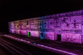 Light show at Nun`s Quadrangle Cuadrangulo de las Monjas building complex at the ruins of the ancient Mayan city Uxmal Royalty Free Stock Photo