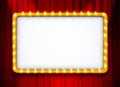 Light sign with gold frame on red theatre or cinema curtain Royalty Free Stock Photo