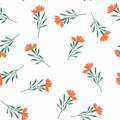 Light simple floral seamless pattern with modest cornflowers, carnation flowers isolated on a white background