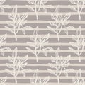 Light simple seamless branch pattern. Outline white contoured ornament on stripped purple background