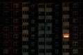 Light in a single window. Flat night panorama of multicolor light in windows of multistory buildings. life in big city