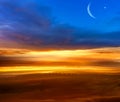 Crescent moon with beautiful sunset background . Generous Ramadan . Light from sky . Religion background . Royalty Free Stock Photo