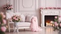 Light Sofa and Pink Pillows Grace an Enchanting Studio Room with a Cozy Fireplace and Spring-inspired Decor. Generative AI