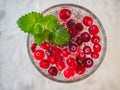 A light soft drink with mint and lingonberry in a glass glass