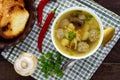 Light soup with dried mushrooms, meatballs and maccheroni in a white bowl Royalty Free Stock Photo