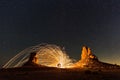Light sparks with long exposure at night in the Trona Pinnacles, California Royalty Free Stock Photo