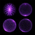 Light sphere ball with dot connection. Vector neon light globes with spiral ultraviolet sparkles and energy glow rays or particles