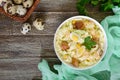 Light spring dietary salad from Chinese cabbage, chicken, cheese, quail eggs Royalty Free Stock Photo