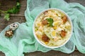 Light spring dietary salad from Chinese cabbage, chicken, cheese, quail eggs Royalty Free Stock Photo