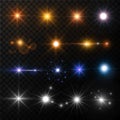Light and stars shine lens flare sun beams glowing sparkles vector isolated gold and neon icons Royalty Free Stock Photo