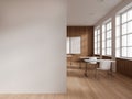 Light stylish classroom interior with table and blackboard, mockup empty wall Royalty Free Stock Photo