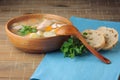 Light summer dietary cold soup with fish, vegetables and leeks i Royalty Free Stock Photo