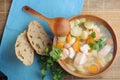 Light summer dietary cold soup with fish, vegetables and leeks i Royalty Free Stock Photo