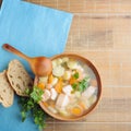 Light summer dietary cold soup with fish, vegetables and leeks i Royalty Free Stock Photo