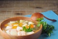 Light summer dietary cold soup with fish, vegetables and leeks i Royalty Free Stock Photo