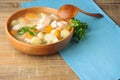 Light summer dietary cold soup with fish, vegetables and leeks i Royalty Free Stock Photo