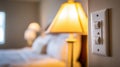Light switch panel beside bed. electrical control fixture in cozy home interior Royalty Free Stock Photo