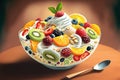 on a light table, a delicious fruit salad with yogurt