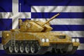 Light tank apc with desert camouflage on the Greece national flag background. 3d Illustration