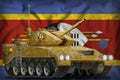 Light tank apc with desert camouflage on the Swaziland national flag background. 3d Illustration