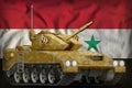 Light tank apc with desert camouflage on the Syrian Arab Republic national flag background. 3d Illustration