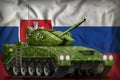 Light tank apc with pixel summer camouflage on the Slovakia national flag background. 3d Illustration