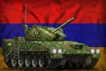 Light tank apc with summer camouflage on the Armenia national flag background. 3d Illustration