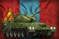 Light tank apc with summer camouflage on the Mongolia national flag background. 3d Illustration
