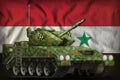 Light tank apc with summer camouflage on the Syrian Arab Republic national flag background. 3d Illustration