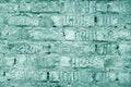 Light teal old rough brick wall texture. Aged brickwork grunge background