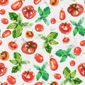 Food flat lay textured background. Fresh farmers red tomatoes and green basil top view. Hand drawn modern watercolor