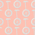 Light tones seamless pattern with simple bicycle ornament. Pink background. Creative doodle circus print