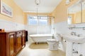 Light tones small bathroom with a whiskey color antique cabinet Royalty Free Stock Photo