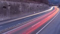 Light trail of white Headlights and red Backlights of cars on highway, taken with long-term exposure. Traffic and speed Royalty Free Stock Photo