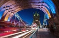 Light trails along Tower Bridge in London Royalty Free Stock Photo