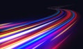 Light trails. Blurred car light motion effect, city road background with long exposure night lights with dynamic Royalty Free Stock Photo