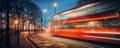 Light Trails From Double Decker Bus Near Iconic London Phone Booth Double Decker Bus Royalty Free Stock Photo