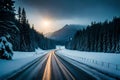 Light trails on the highway at a winter night covered with snow