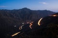 Light trails on Jabal Jais mountain road at night