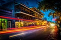 Light trails from night time shot of the shops and restaurants on Front Street in Natchitoches