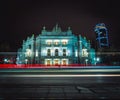 Light trails of passing cars in front of Yekaterinburg Academic Opera and Ballet Theatre Royalty Free Stock Photo