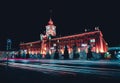 Light trails of passing cars in front of Yekaterinburg city hall at night Royalty Free Stock Photo