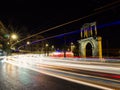 Light trails under Hadrian Arch, Athens, Greece Royalty Free Stock Photo